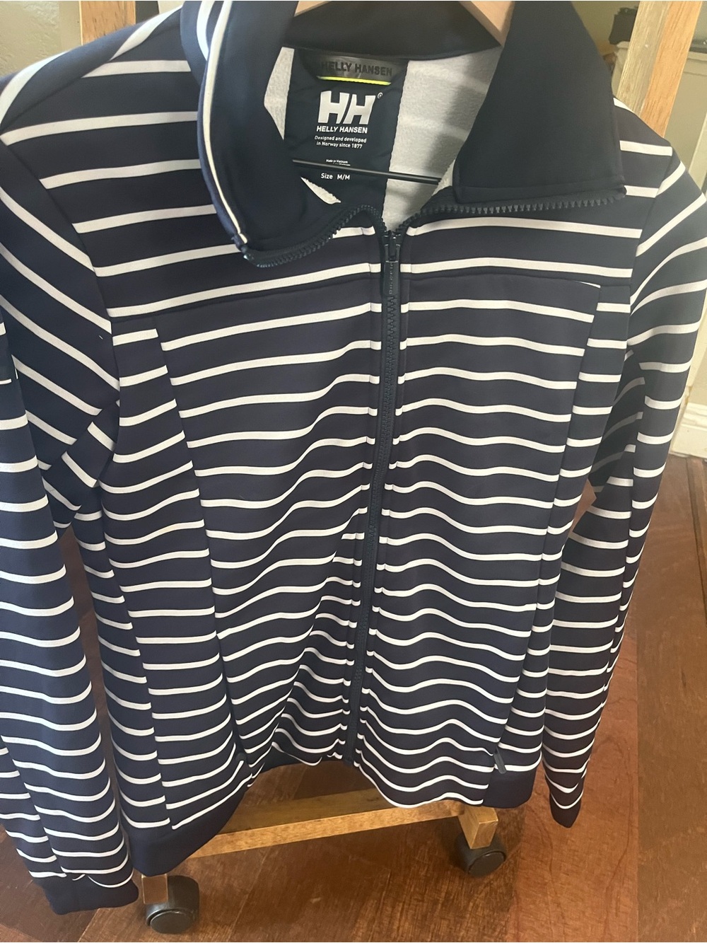 Helly Hansen Women M Medium Crew Fleece Zip Jacket Blue Stripe Sailor $145 MSRP